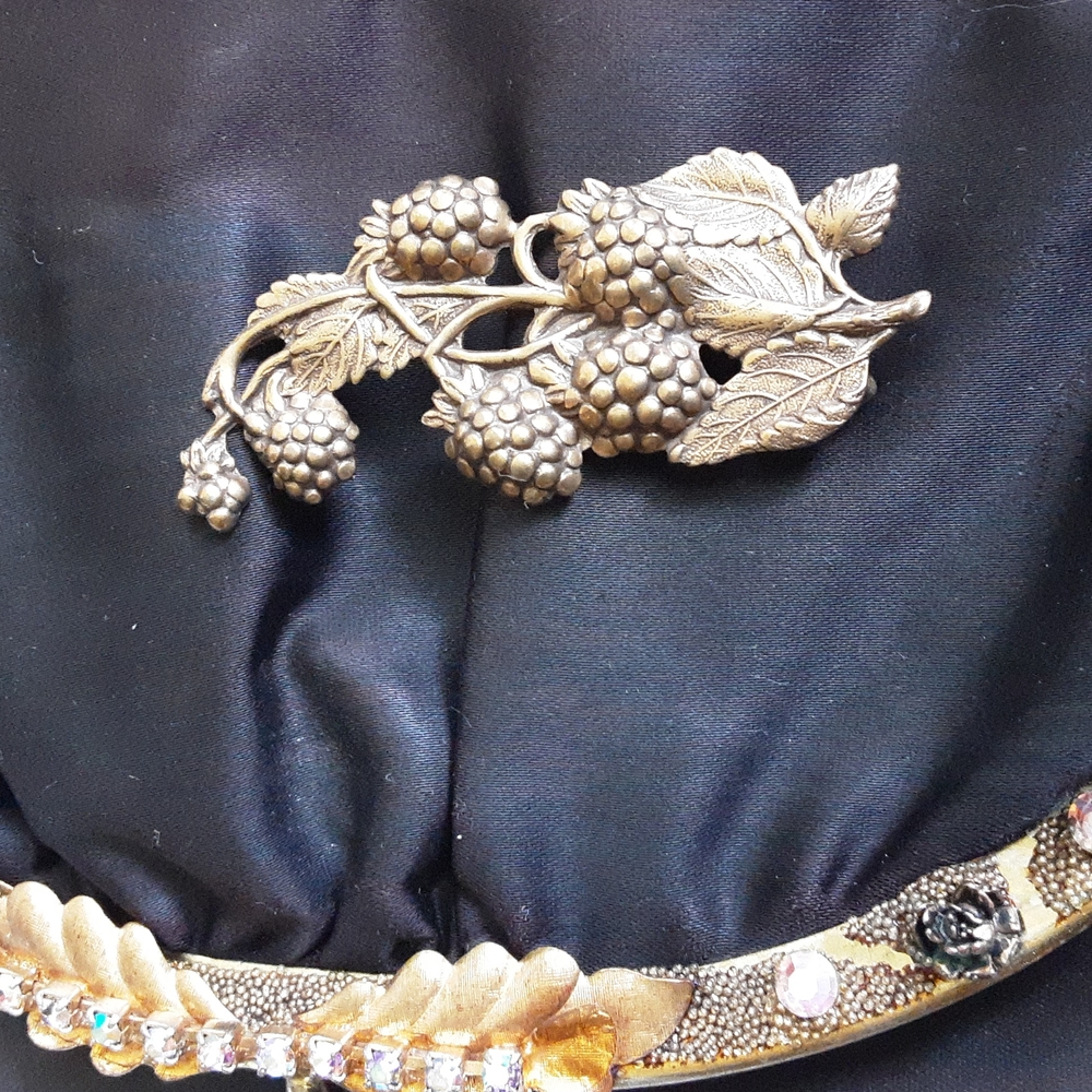 Vintage Hand Engraved Brass Berry & Leaves Brooch